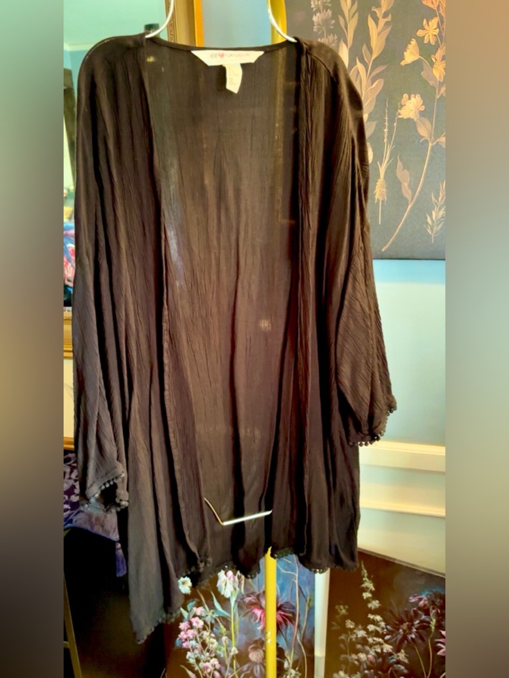 H&M Black Flowy Sheer Kimono with Pom-Pom Crochet Trim